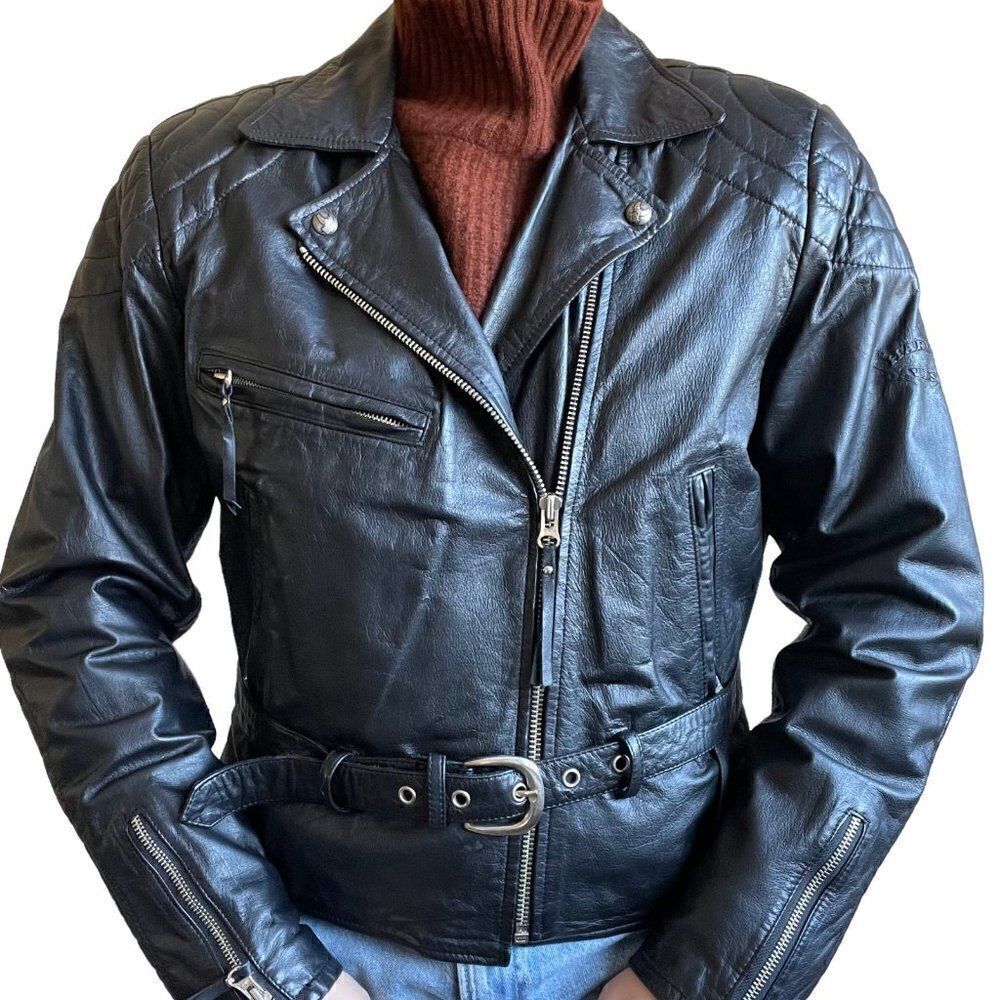 Harley Davidson Womens Black 100% Leather Biker Moto Zip Jacket Sz M